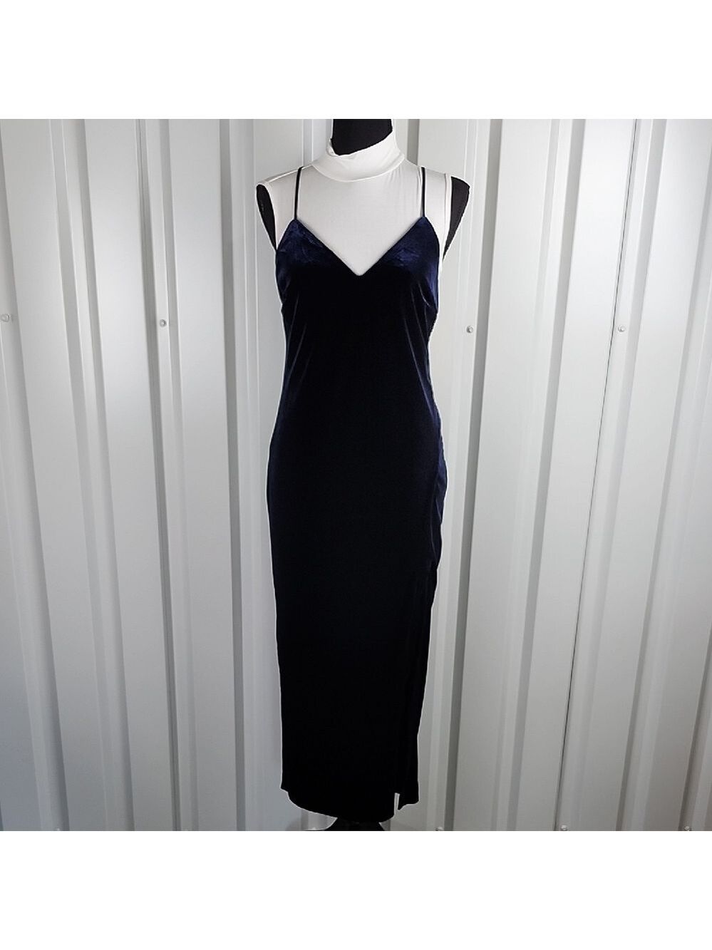 Bardot Raven Navy Blue Velvet Slip Dress Midi Spaghetti Straps Size 10 Cocktail